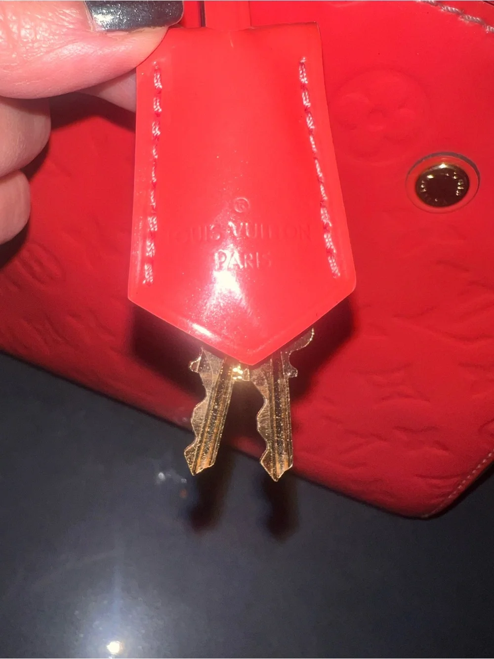Louis Vuitton Montaigne BB Vernis Monogram Coral Top Handle Satchel